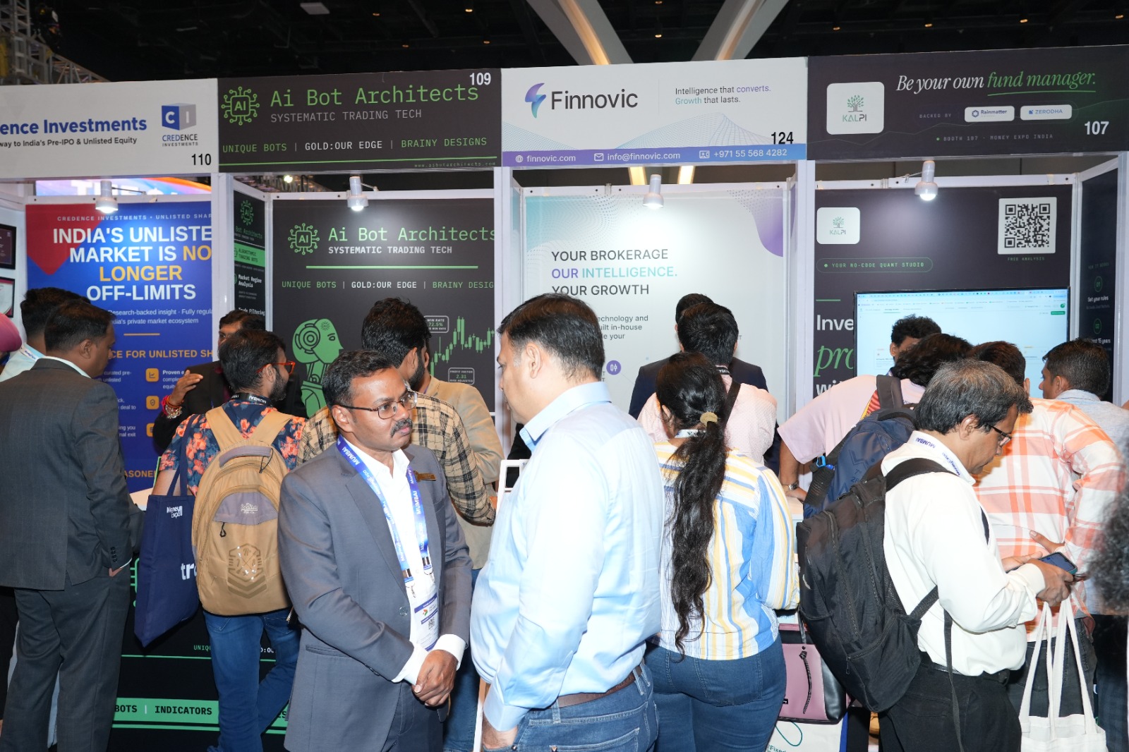 The Finnovic stand seen from the exhibition aisle at Money Expo India 2026, Jio World Convention Centre, Mumbai
